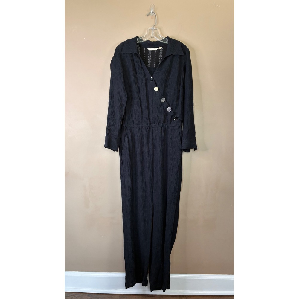 Soft‎ Surroundings Black Crinkle Textured Asymmetrical Button Jumpsuit PM Petite